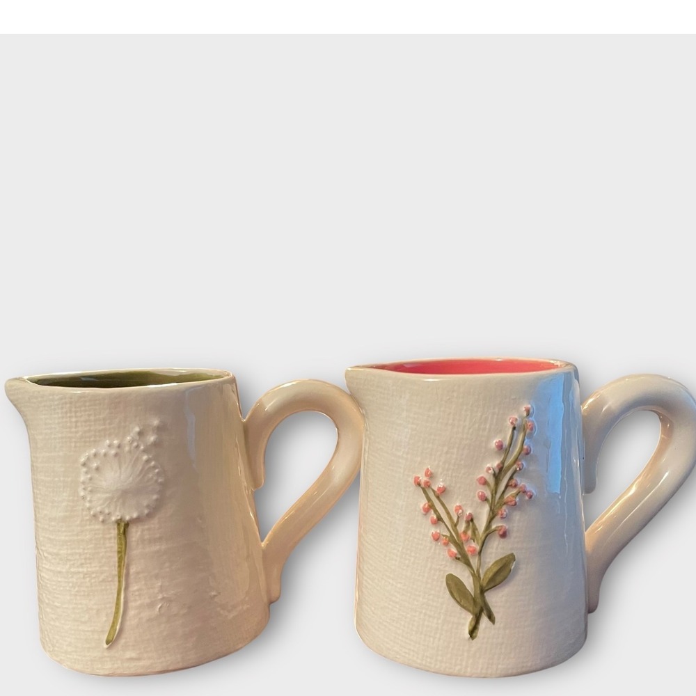 Mud Pie Mini Vases Set of 2 Floral‎ Dandelion Pink & Green Cream Accent Decor